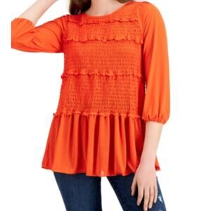 Fever Orange Smocked Ruffled 3/4 Sleeve Top Womens XS New Pumpkin Spice